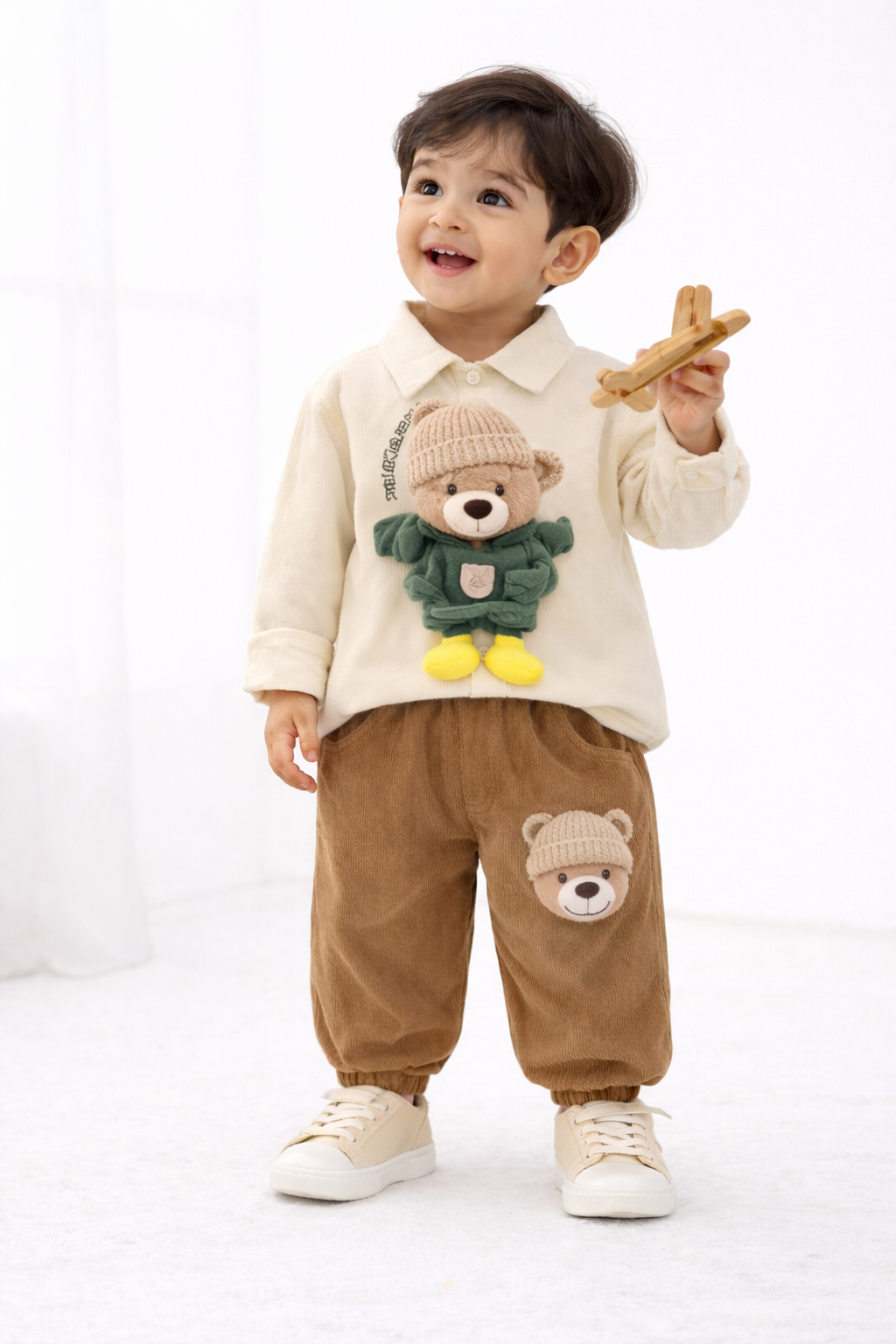 Beige and maroon-brown Dolly cord set for kids by Little Aangan