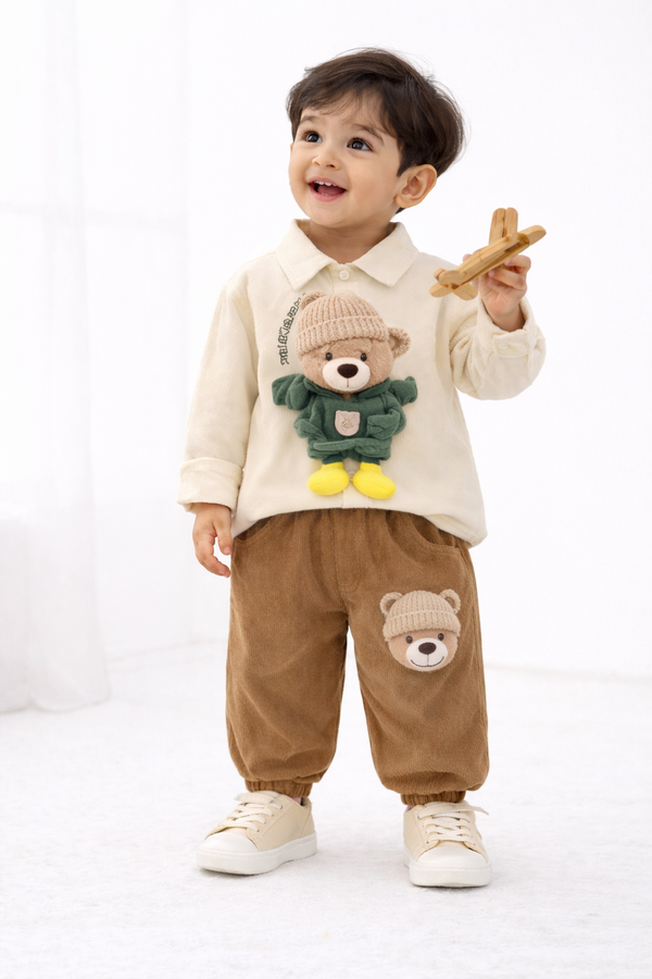 Beige and maroon-brown Dolly cord set for kids by Little Aangan