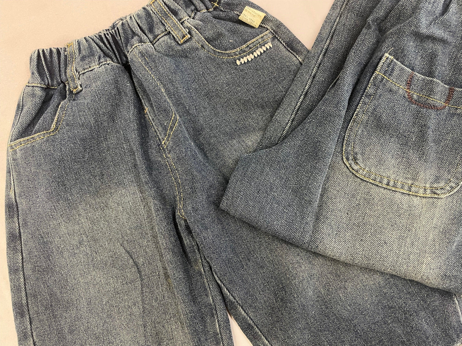 Close-up detail of blue Korean denim pants for kids by Little Aangan