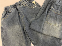 Close-up detail of blue Korean denim pants for kids by Little Aangan