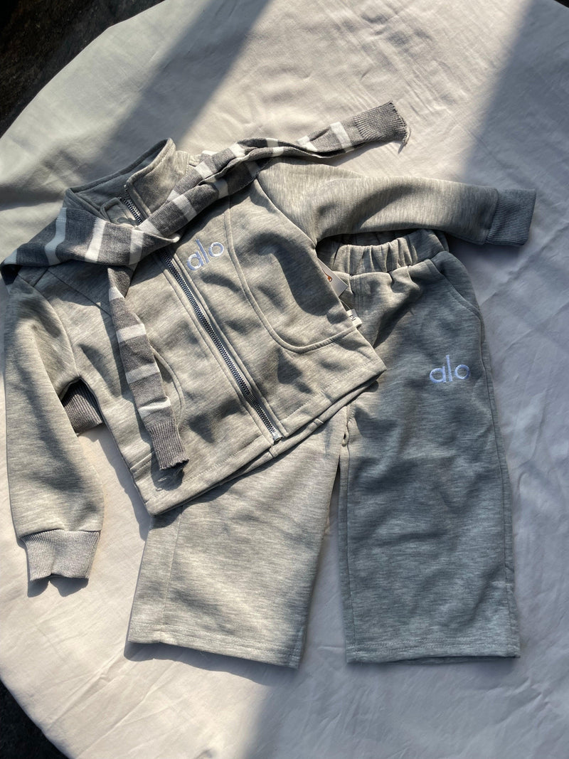 Close-up detail of unisex grey track set for kids by Little Aangan