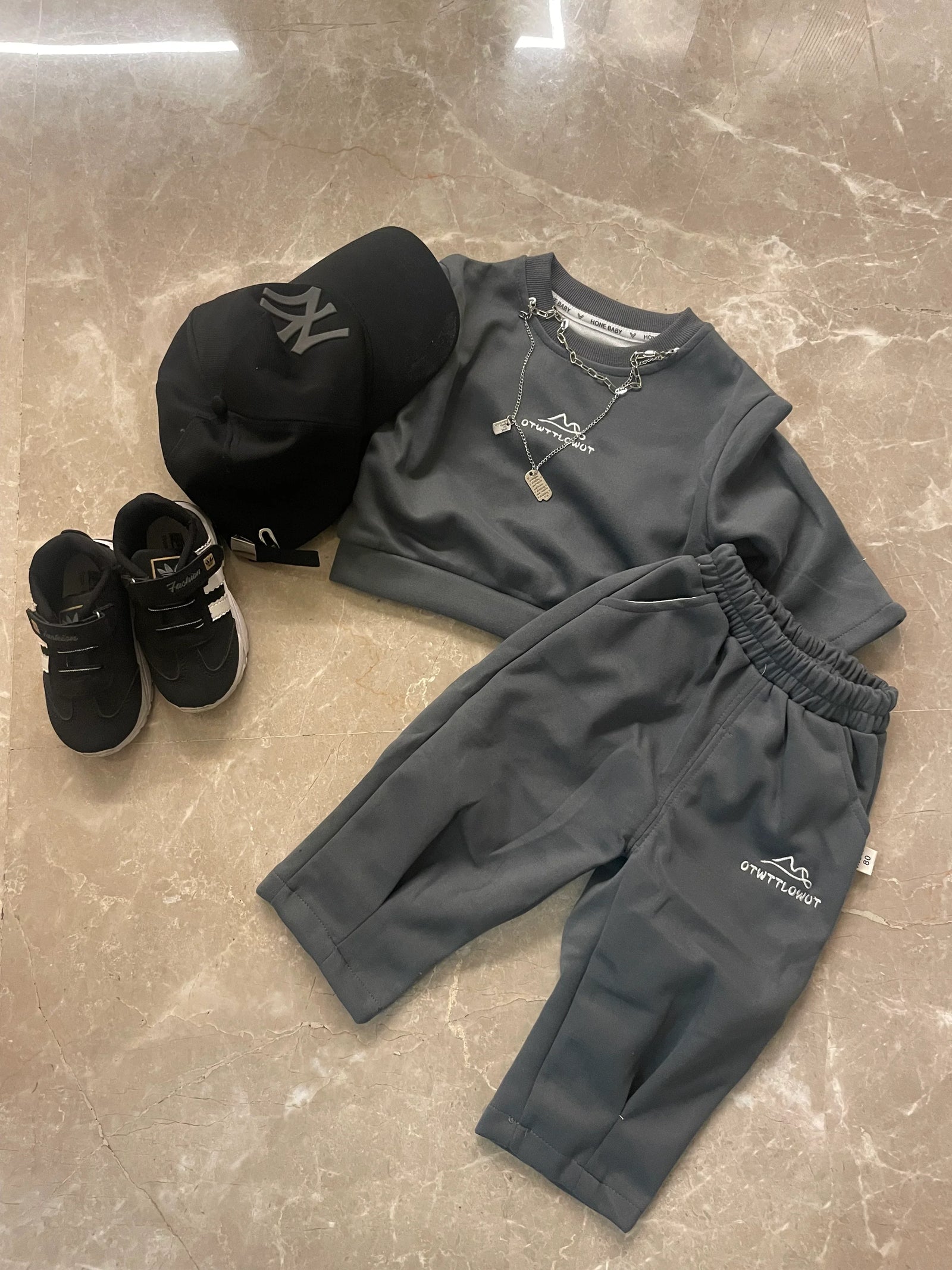 Grey kids track set with matching top and bottom by Little Aangan