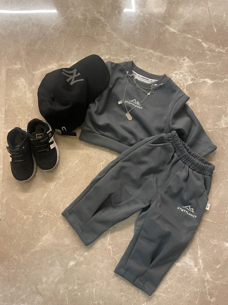 Grey kids track set with matching top and bottom by Little Aangan