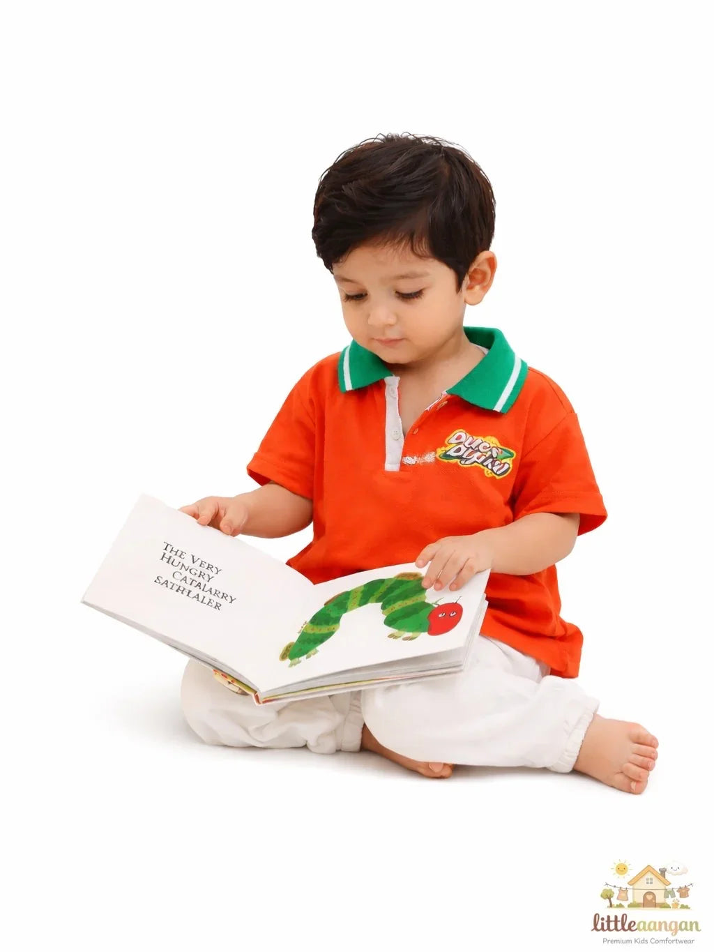Kids casual outfit styled with orange polo t-shirt by Little Aangan