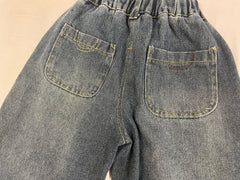 Side detail of blue Korean denim pants for kids by Little Aangan